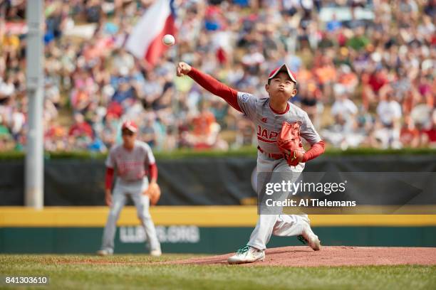 Little League World Series: Japan Region Tsubasa Tomii in action, pitching vs USA Southwest Region during Championship Game at Howard J. Lamade...