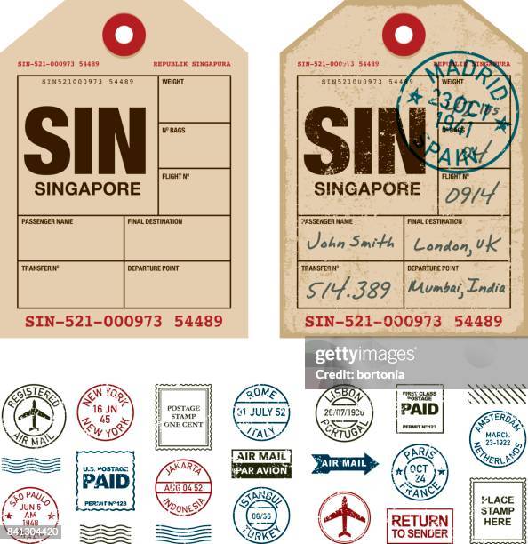 gepäck-tags-stempel-icon-set - gepäckanhänger stock-grafiken, -clipart, -cartoons und -symbole
