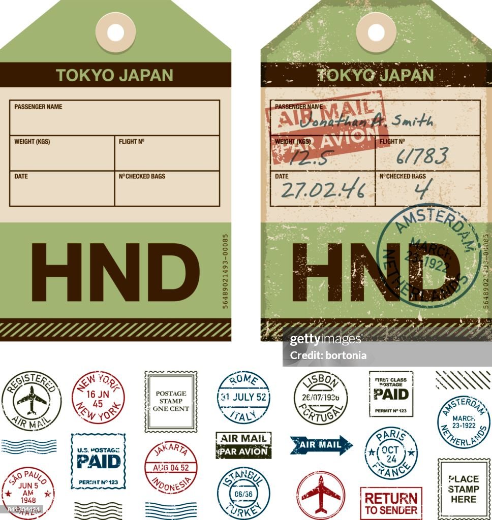 Luggage Tags Rubber Stamp Icon Set
