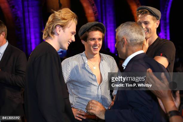Tristan Evans, Bradley Simpson and James McVey of The Vamps talk with Mayor of London Sadiq Khan during the London Autumn Season launch at the...