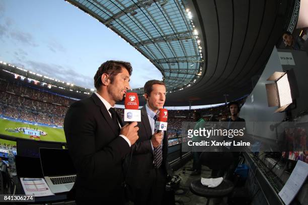 French presentator of chanel TF1, Bixente Lizzarazu and Gregoire Margotton during the FIFA 2018 World Cup Qualifier between France and Netherlands at...