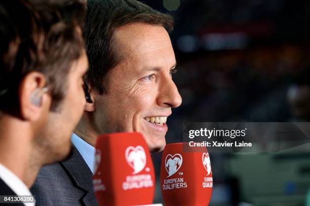 French presentator of chanel TF1, Gregoire Margotton during the FIFA 2018 World Cup Qualifier between France and Netherlands at Stade de France on...