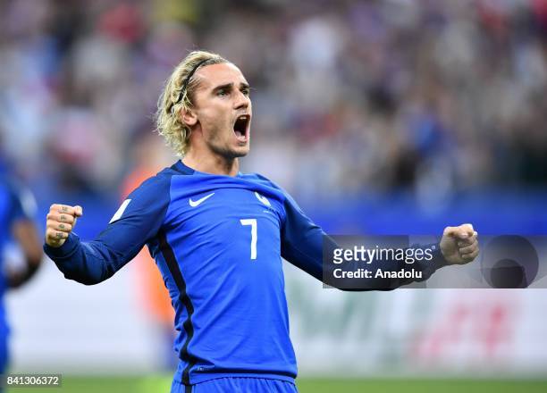 Antoine Griezmann of France celebrates after scoring a goal during the FIFA World Cup 2018 qualifying Group A match between France and Netherlands at...
