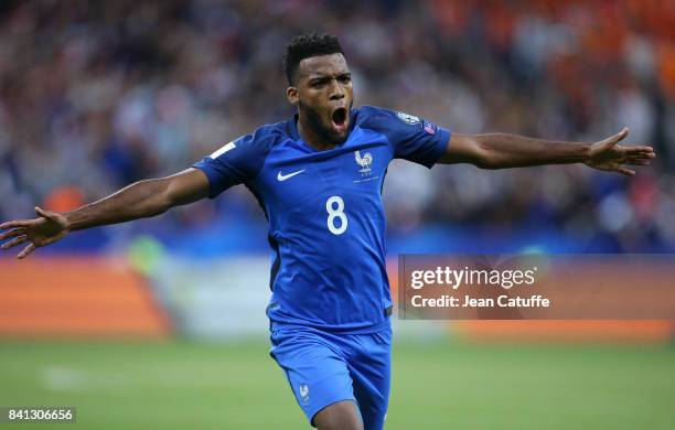 Thomas Lemar of France celebrates his goal during the FIFA 2018 World Cup Qualifier between France and the Netherlands at Stade de France on August...