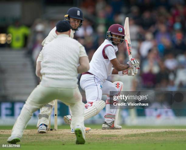 Kraigg Brathwaite of West Indies is caught by Ben Stokes during the fifth day of the second test between England and West Indies at Headingley on...