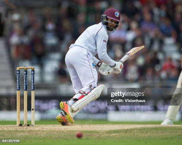 Shai Hope of West Indies batting during the fifth day of the second test between England and West Indies at Headingley on August 29, 2017 in Leeds,...