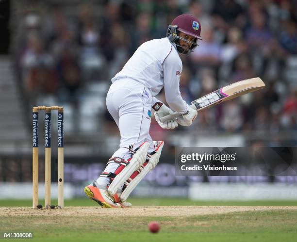 Shai Hope of West Indies batting during the fifth day of the second test between England and West Indies at Headingley on August 29, 2017 in Leeds,...