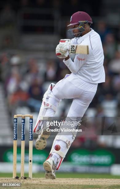 Roston Chase of West Indies batting during the fifth day of the second test between England and West Indies at Headingley on August 29, 2017 in...