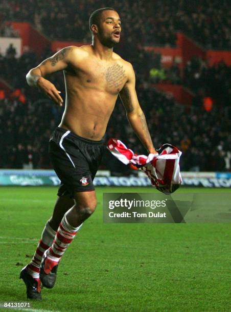 David McGoldrick of Southampton celebrates scoring the opening goal during the Coca Cola Championship match between Southampton and Reading at The St...