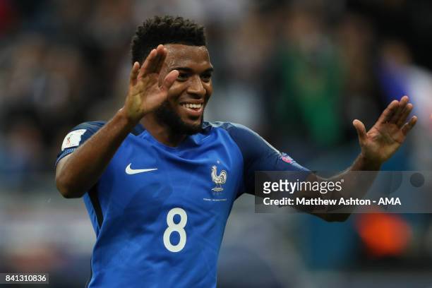 Thomas Lemar of France celebrates scoring a goal to make the score 3-0 during the FIFA 2018 World Cup Qualifier match between France and The...