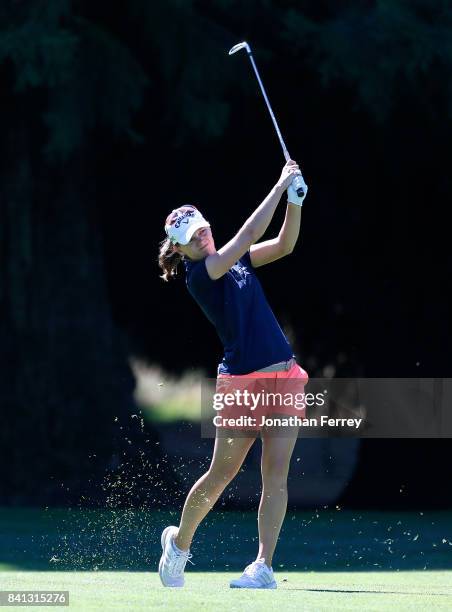 Cindy Lacrosse hits her second hsot on the 18th hole during first round of the LPGA Cambia Portland Classic at Columbia Edgewater Country Club on...