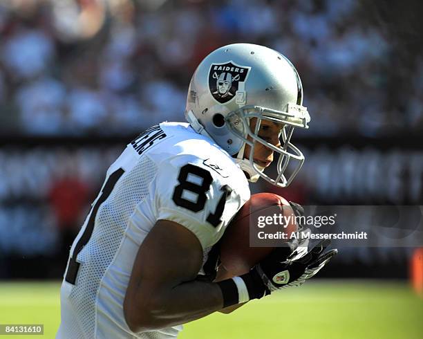 Wide receiver Chaz Schilens of the Oakland Raiders grabs a seocnd-quarter sideline pass against the Tampa Bay Buccaneers at Raymond James Stadium on...