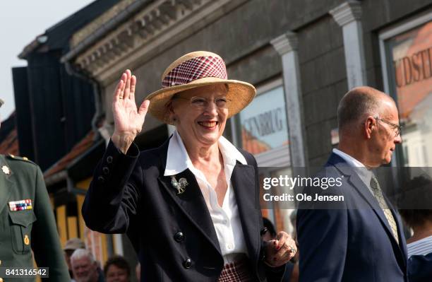 Queen Margrethe of Denmark seen during her second day visit to the island of Bornholm in the Baltic Sea on August 31, 2017 in Svaneke, Denmark. The...