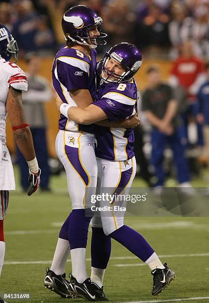 Ryan Longwell and Chris Kluwe of the Minnesota Vikings celebrate Longwell's game winning field goal against the New York Giants on December 28,2008...