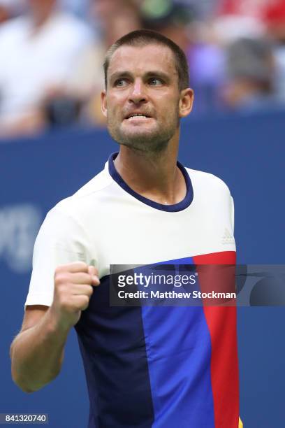Mikhail Youzhny of Russia reacts against Roger Federer of Switzerland during their second round Men's Singles match on Day Four of the 2017 US Open...
