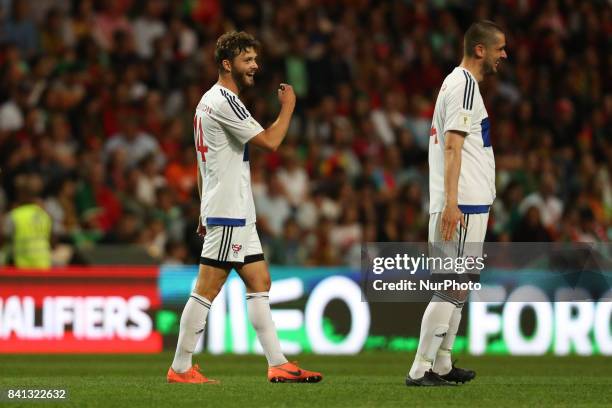 Rogvi Baldvinsson midfielder of Ilhas Faroe celebrates after scoring a goal during the FIFA World Cup Russia 2018 qualifier match between Portugal...