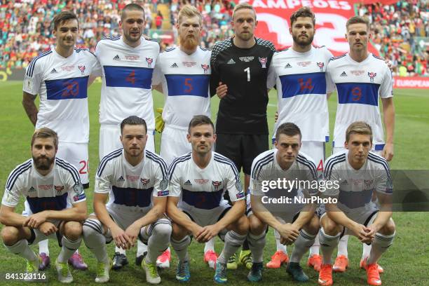 Ilhas Faroe line up during the FIFA World Cup Russia 2018 qualifier match between Portugal and Faroe Islands at Bessa Sec XXI Stadium on August 31,...