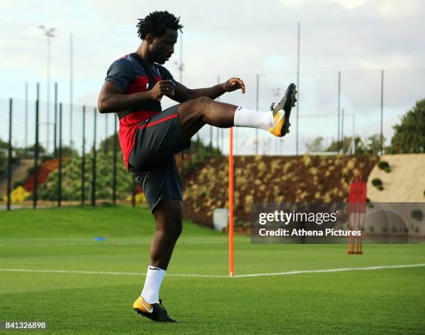 Wilfried Bony goes through his medical at the Swansea City FC Fairwood Training Ground on August 31, 2017 in Swansea, Wales.