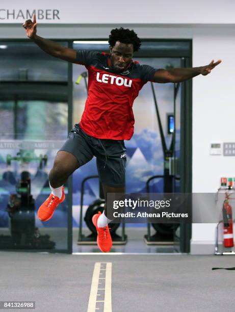 Wilfried Bony goes through his medical at the Swansea City FC Fairwood Training Ground on August 31, 2017 in Swansea, Wales.