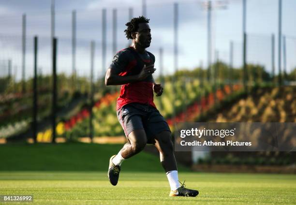 Wilfried Bony goes through his medical at the Swansea City FC Fairwood Training Ground on August 31, 2017 in Swansea, Wales.