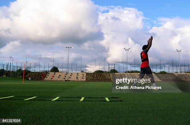 Wilfried Bony goes through his medical at the Swansea City FC Fairwood Training Ground on August 31, 2017 in Swansea, Wales.