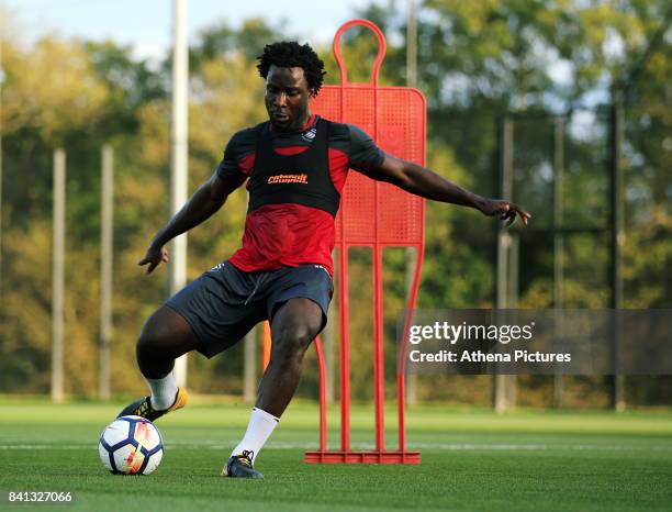 Wilfried Bony goes through his medical at the Swansea City FC Fairwood Training Ground on August 31, 2017 in Swansea, Wales.