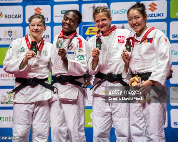 Under 63kg medallists L-R: Silver; Tina Trstenjak , Gold; Clarisse Agbegnenou , Bronzes; Agata Ozdoba and Mungunchimeg Baldorj during the 2017 Suzuki...