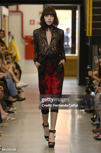 Model walks at Samuel Cirnansck Runway at SPFW N44 Winter 2018 at Ibirapuera's Bienal Pavilion on August 31, 2017 in Sao Paulo, Brazil.