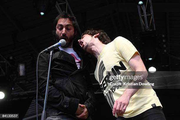 Jake Stone and Stav Yiannoukas of the band Bluejuice performs on stage during day one of The Falls Music & Arts Festival on December 29, 2008 in...