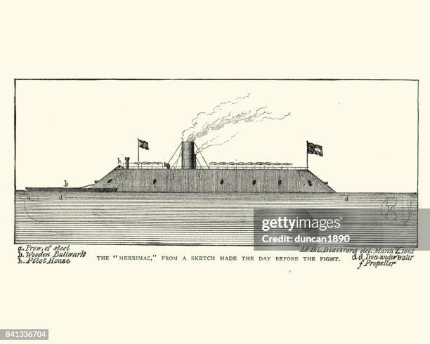css virginia, iron clad warship - csa archive stock illustrations