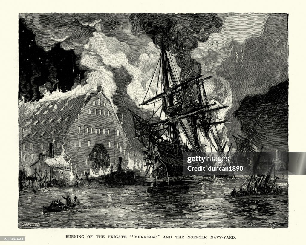 USS Merrimack aflame during the burning of Norfolk Navy Yard