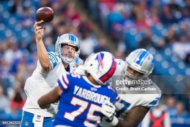 Jake Rudock of the Detroit Lions passes the ball during the first quarter of a preseason game against the Buffalo Bills on August 31, 2017 at New Era...