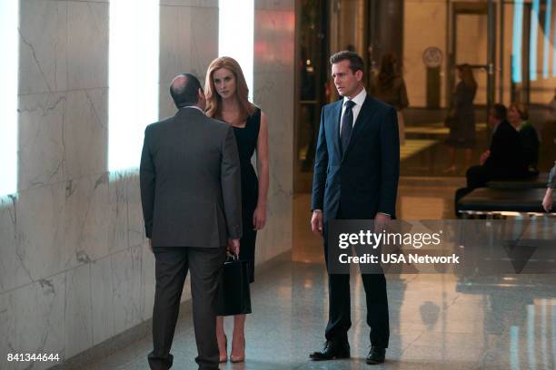 Shame" Episode 709 -- Pictured: Sarah Rafferty as Donna Paulsen, Gabriel Macht as Harvey Specter --