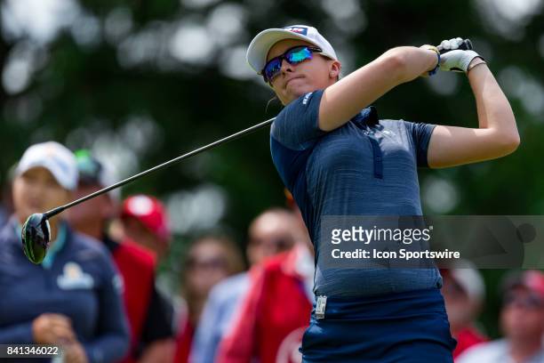 Jodi Ewart Shadoff tees off on the 1st hole during the second round of the Canadian Pacific Women's Open on August 25, 2017 at The Ottawa Hunt and...