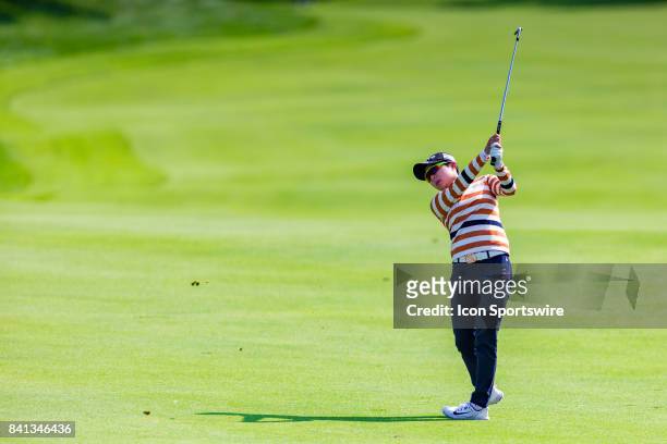 Hyo Joo Kim plays a fairway shot on the 18th hole during the second round of the Canadian Pacific Women's Open on August 25, 2017 at The Ottawa Hunt...