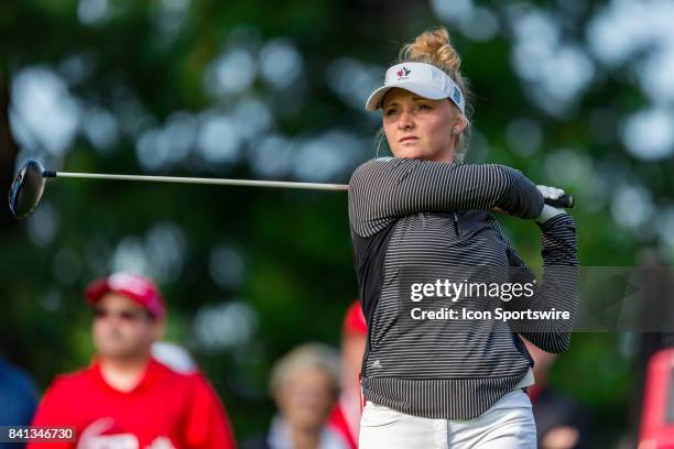 Maddie Szeryk tees off on the 1st hole during the second round of the Canadian Pacific Women's Open on August 25, 2017 at The Ottawa Hunt and Golf...