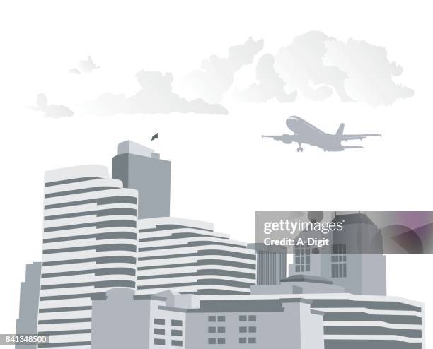 city skyline planes - plane window view stock illustrations