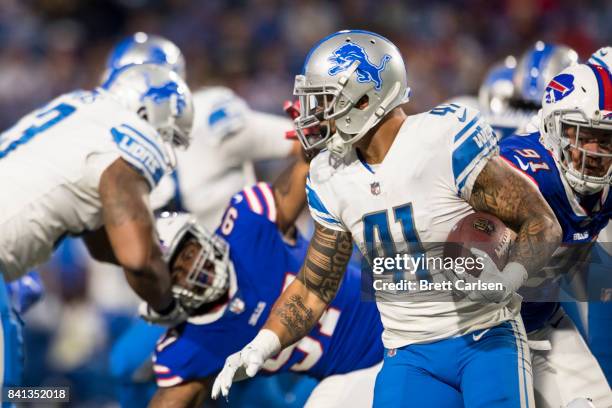 Matt Asiata of the Detroit Lions carries the ball during the second quarter of a preseason game against the Buffalo Bills on August 31, 2017 at New...