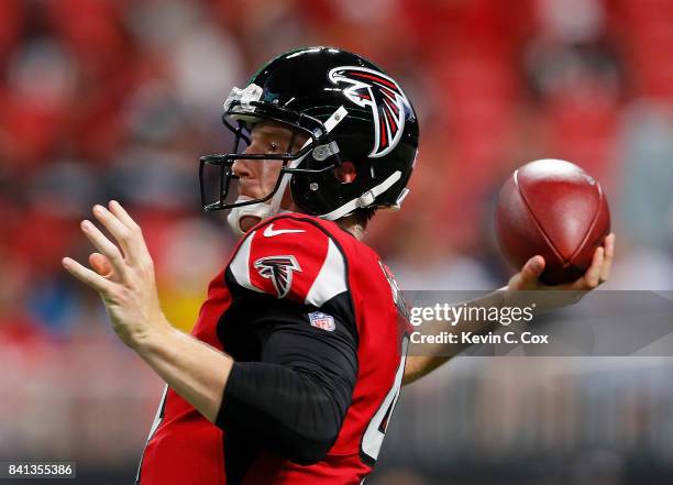 Matt Simms of the Atlanta Falcons looks to pass against the Jacksonville Jaguars at Mercedes-Benz Stadium on August 31, 2017 in Atlanta, Georgia.