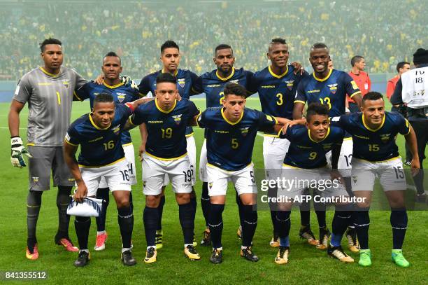 Ecuador' football team players goalkeeper Maximo Banguera, Ecuador's Pedro Velasco, Christian Noboa, Luis Leon, Robert Arboleda and Enner Valencia;...