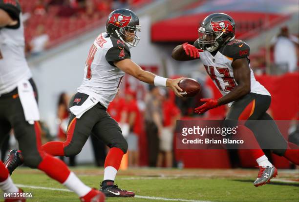 Quarterback Ryan Fitzpatrick of the Tampa Bay Buccaneers hands off to running back Peyton Barber during the first quarter of an NFL preseason...