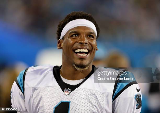 Cam Newton of the Carolina Panthers watches on against the Pittsburgh Steelers during their game at Bank of America Stadium on August 31, 2017 in...