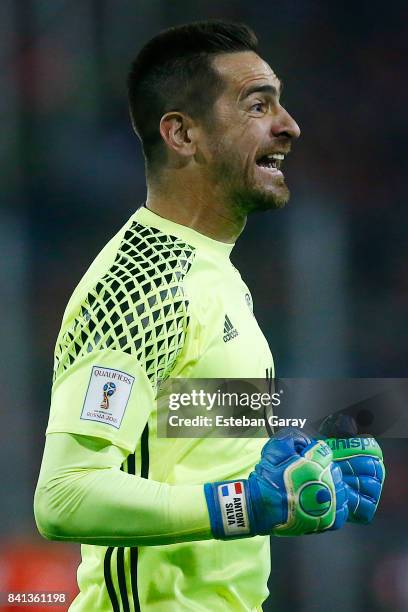 Anthony Silva of Paraguay celebrates his team's second goal during a match between Chile and Paraguay as a part of FIFA 2018 World Cup Qualifier at...