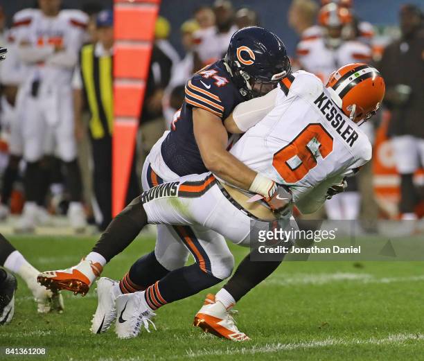 Nick Kwiatkoski of the Chicago Bears sacks Cody Kessler of the Cleveland Browns during a preseason game at Soldier Field on August 31, 2017 in...