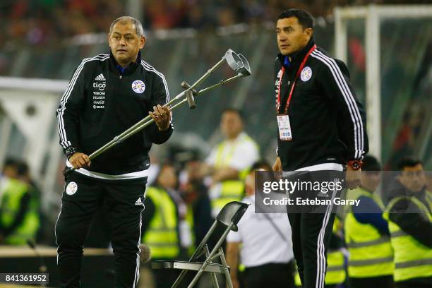 Francisco Arce coach of Paraguay gestures during a match between Chile and Paraguay as part of FIFA 2018 World Cup Qualifier at Monumental Stadium on...