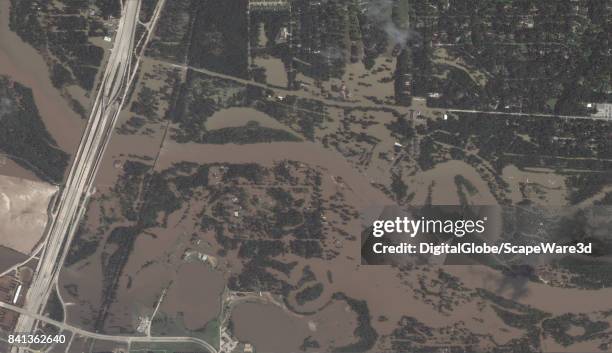 This is an "after" DigitalGlobe via Getty Images satellite imagery of the Houston Floods of the San Jacinto River basin following Hurricane Harvery.