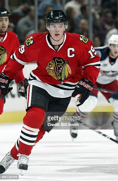 Jonathan Toews of the Chicago Blackhawks skates down the ice during a game against the Columbus Blue Jackets on December 14, 2008 at the United...