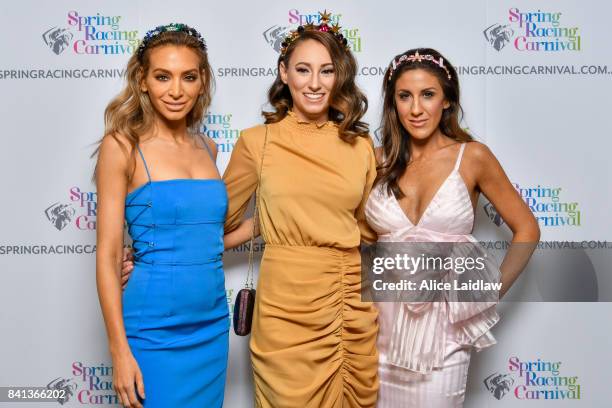 Nadia Bartel, Katelyn Mallyon and Lana Wilkinson at the Spring Racing Carnival Launch at Greenfields on September 01, 2017 in Albert Park, Australia.