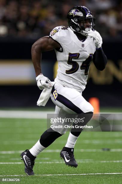 Tyus Bowser of the Baltimore Ravens in action against the New Orleans Saints at Mercedes-Benz Superdome on August 31, 2017 in New Orleans, Louisiana.
