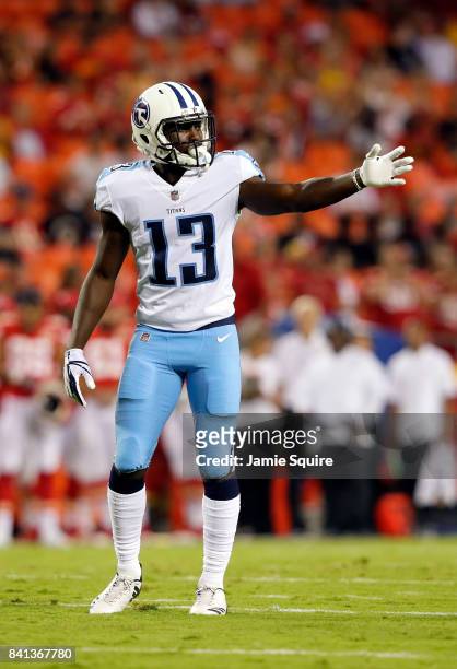 Wide receiver Taywan Taylor of the Tennessee Titans in action during the game against the Kansas City Chiefs at Arrowhead Stadium on August 31, 2017...